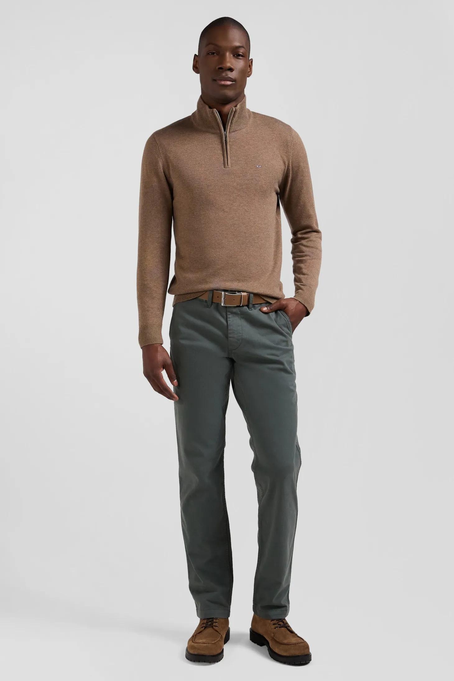 Regular brown semi-zipped wool and cotton jumper