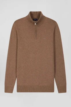Regular brown semi-zipped wool and cotton jumper