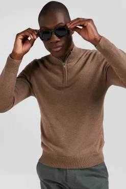 Regular brown semi-zipped wool and cotton jumper