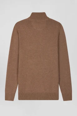 Regular brown semi-zipped wool and cotton jumper