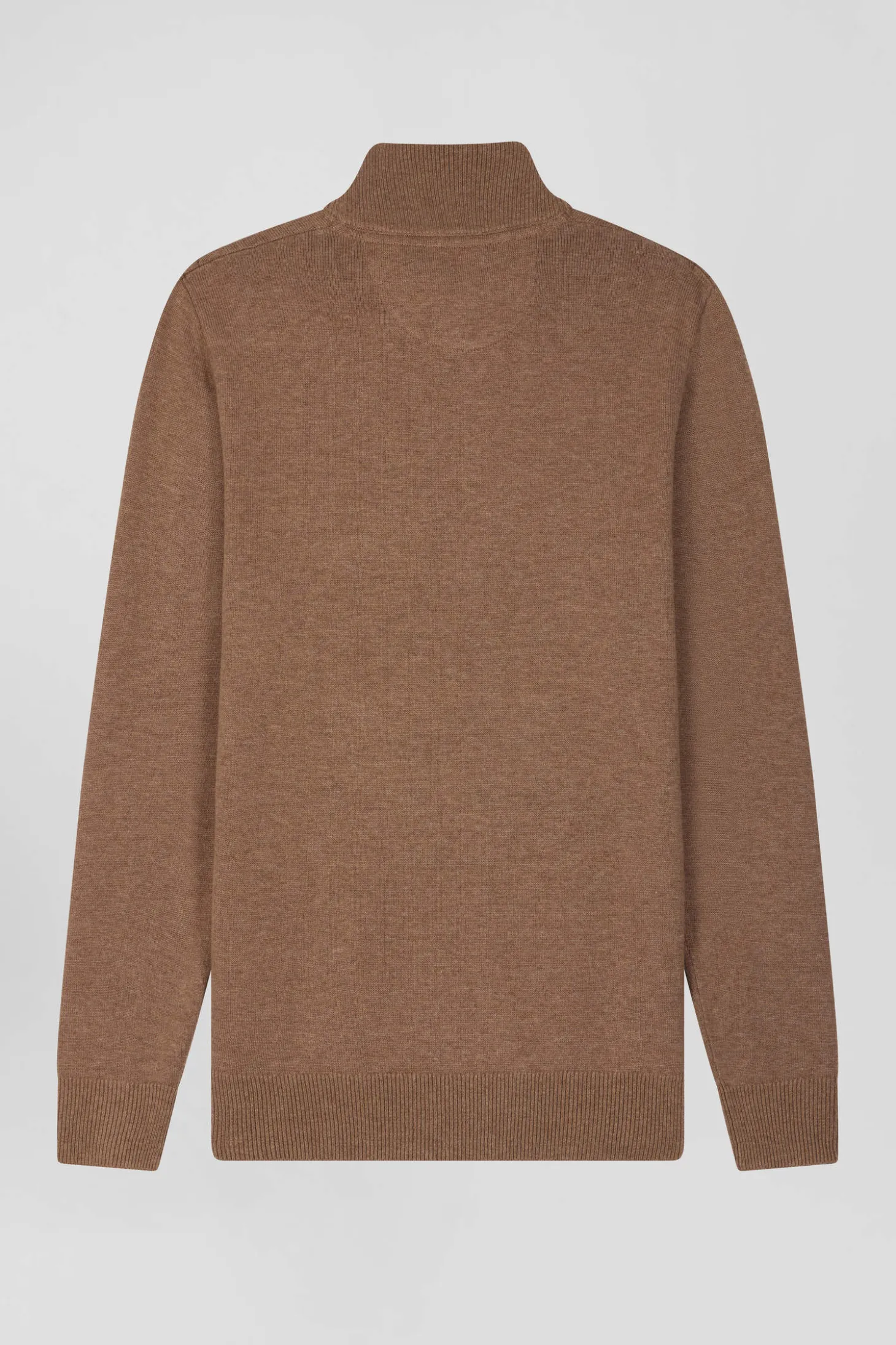 Regular brown semi-zipped wool and cotton jumper