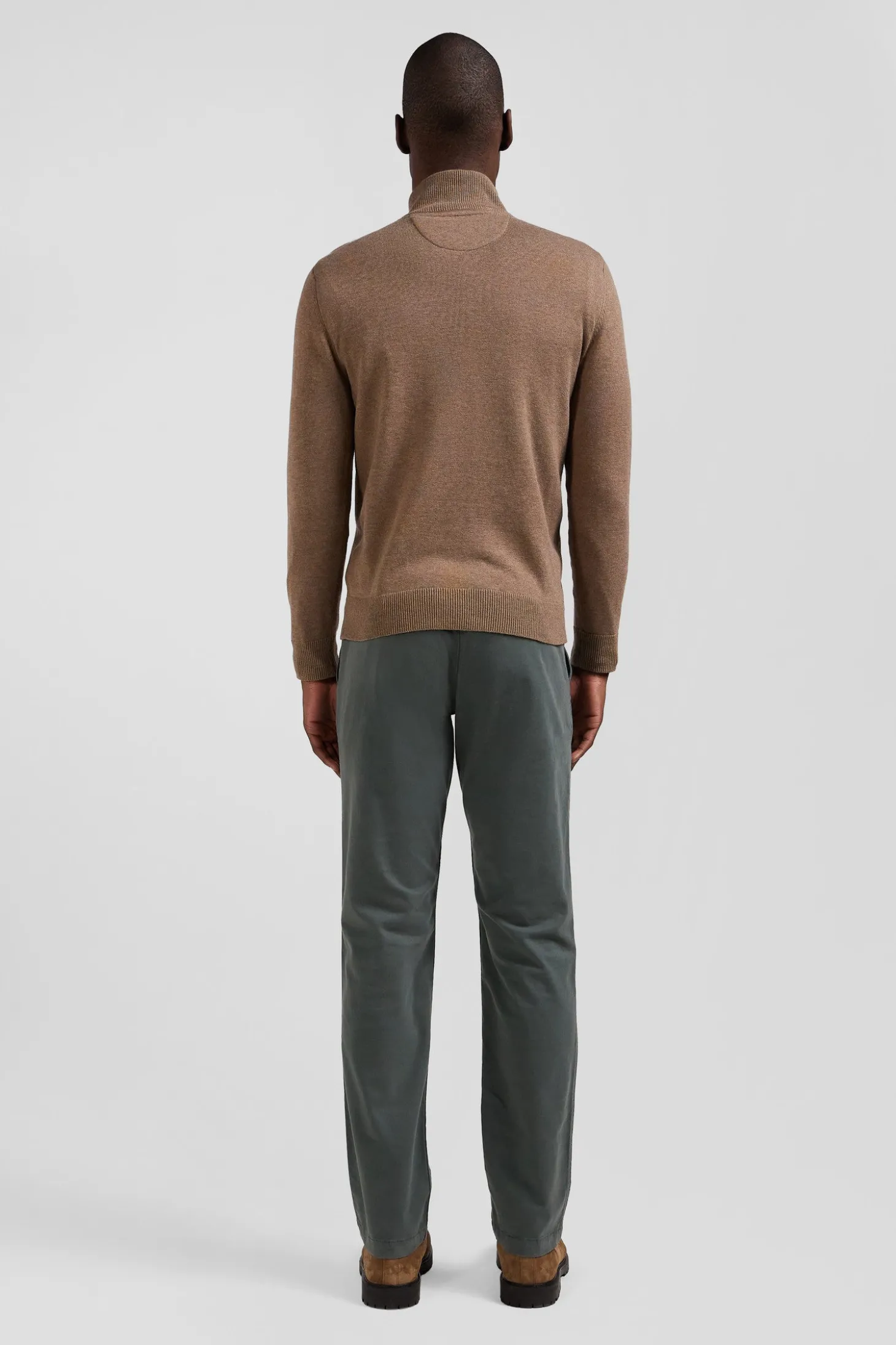Regular brown semi-zipped wool and cotton jumper