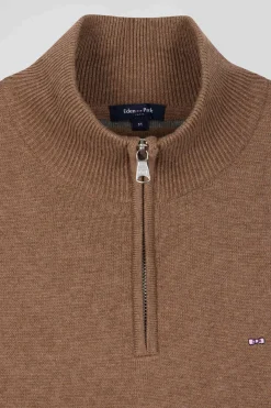 Regular brown semi-zipped wool and cotton jumper