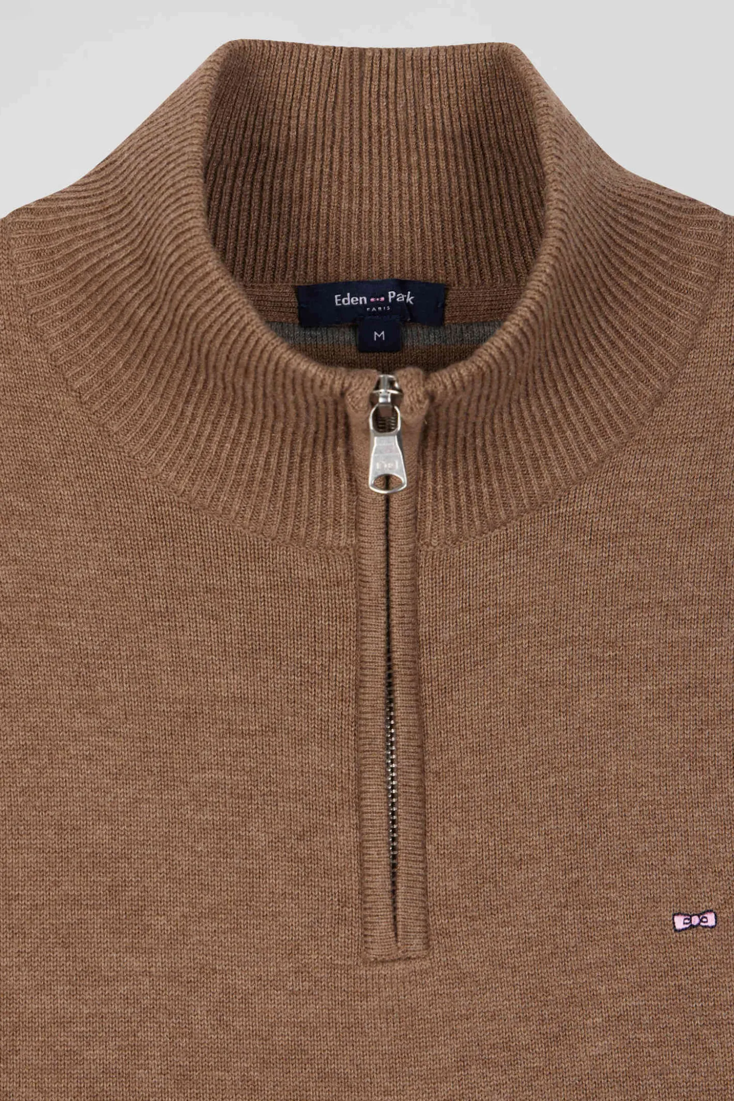 Regular brown semi-zipped wool and cotton jumper