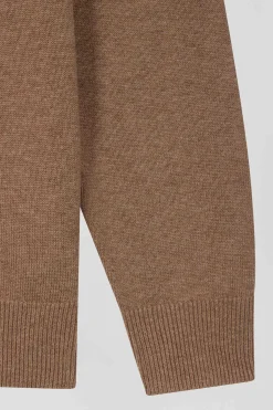 Regular brown semi-zipped wool and cotton jumper