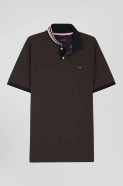 Regular brown short-sleeved cotton piqué polo shirt