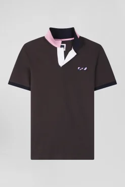 Regular brown short-sleeved cotton piqué polo shirt with striped embroidery