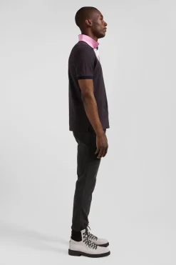Regular brown short-sleeved cotton piqué polo shirt with striped embroidery