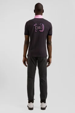 Regular brown short-sleeved cotton piqué polo shirt with striped embroidery