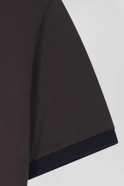 Regular brown short-sleeved cotton piqué polo shirt with striped embroidery