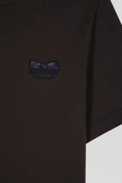 Regular brown short-sleeved cotton T-shirt with tie patchwork emblem