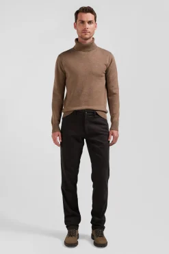 Regular brown stretch cotton piqué and modal chino trousers