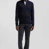 Regular brown striped cotton jumper with houndstooth jacquard and rugby shirt collar
