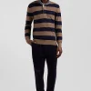Regular brown striped cotton and cashmere jumper with rugby shirt collar