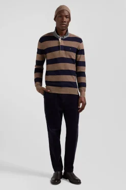 Regular brown striped cotton and cashmere jumper with rugby shirt collar