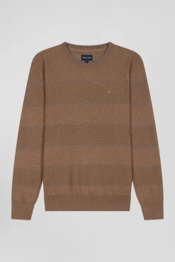 Regular brown striped cotton and cashmere crew neck jumper