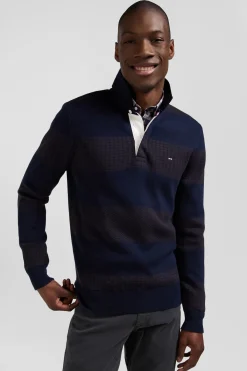 Regular brown striped cotton jumper with houndstooth jacquard and rugby shirt collar