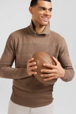 Regular brown striped cotton and cashmere crew neck jumper