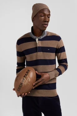 Regular brown striped cotton and cashmere jumper with rugby shirt collar