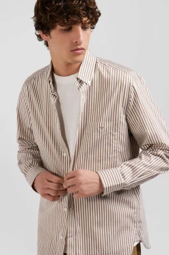 Regular brown striped cotton poplin shirt