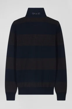 Regular brown striped cotton jumper with houndstooth jacquard and rugby shirt collar