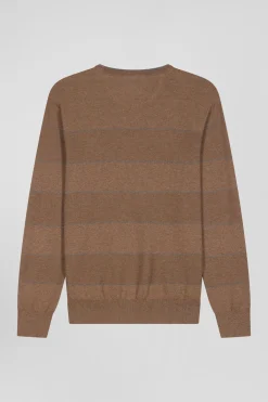 Regular brown striped cotton and cashmere crew neck jumper