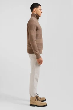 Regular brown striped cotton and cashmere crew neck jumper
