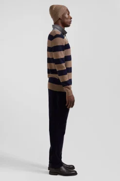 Regular brown striped cotton and cashmere jumper with rugby shirt collar