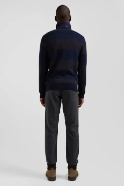 Regular brown striped cotton jumper with houndstooth jacquard and rugby shirt collar