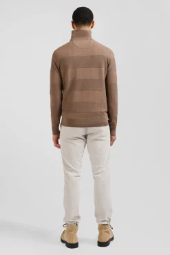 Regular brown striped cotton and cashmere crew neck jumper