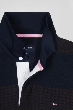 Regular brown striped cotton jumper with houndstooth jacquard and rugby shirt collar