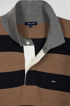 Regular brown striped cotton and cashmere jumper with rugby shirt collar