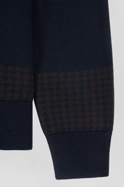 Regular brown striped cotton jumper with houndstooth jacquard and rugby shirt collar