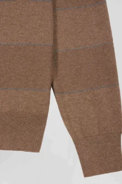 Regular brown striped cotton and cashmere crew neck jumper