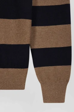 Regular brown striped cotton and cashmere jumper with rugby shirt collar