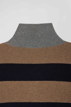 Regular brown striped cotton and cashmere jumper with rugby shirt collar