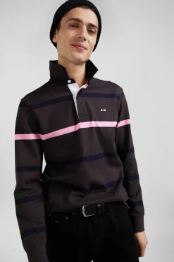 Regular brown striped long-sleeved cotton rugby shirt with back embroidery