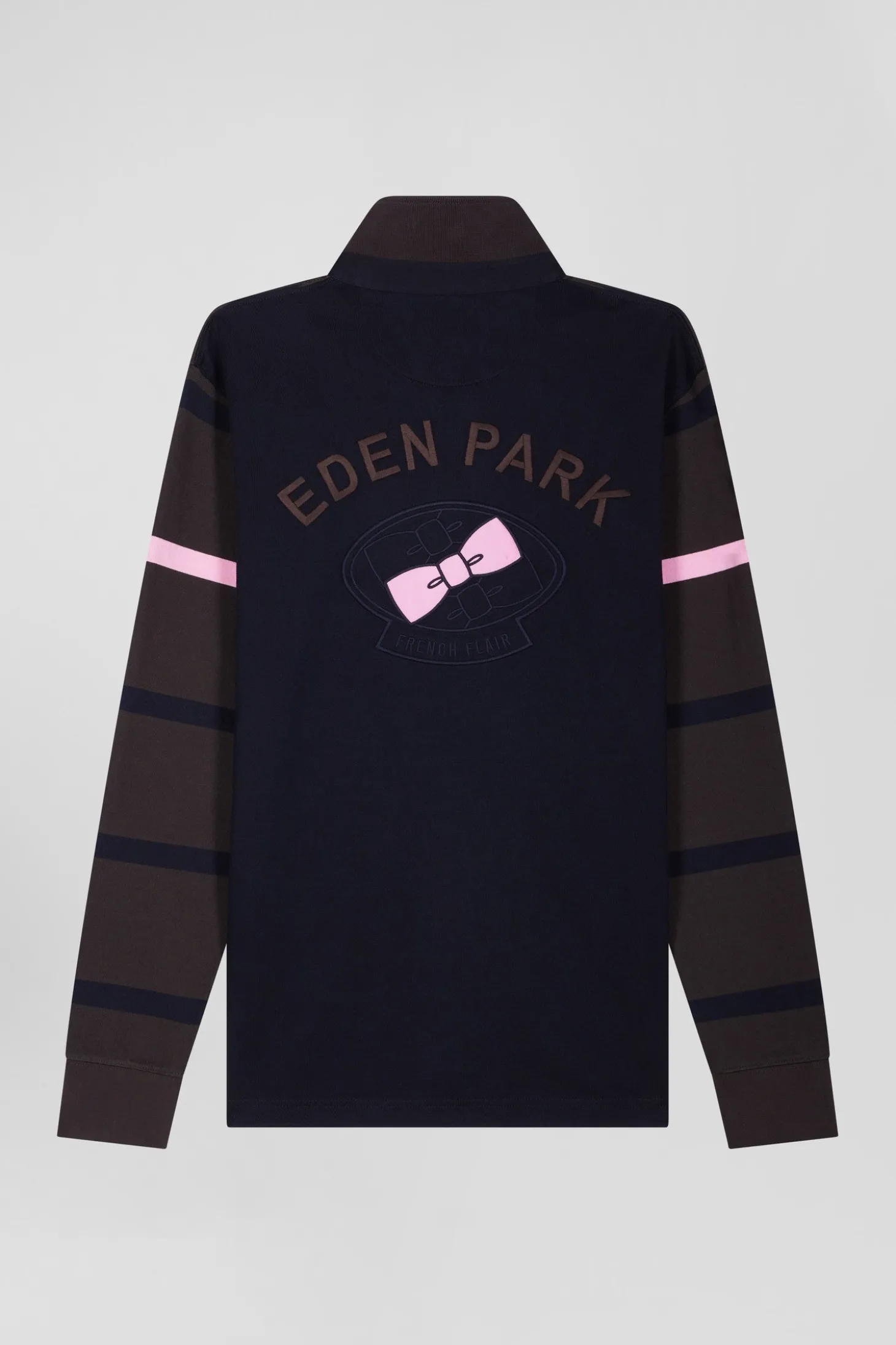 Regular brown striped long-sleeved cotton rugby shirt with back embroidery