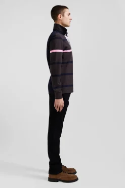 Regular brown striped long-sleeved cotton rugby shirt with back embroidery