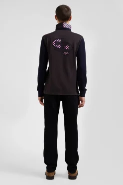 Regular brown striped long-sleeved cotton rugby shirt with tie fabric patchwork