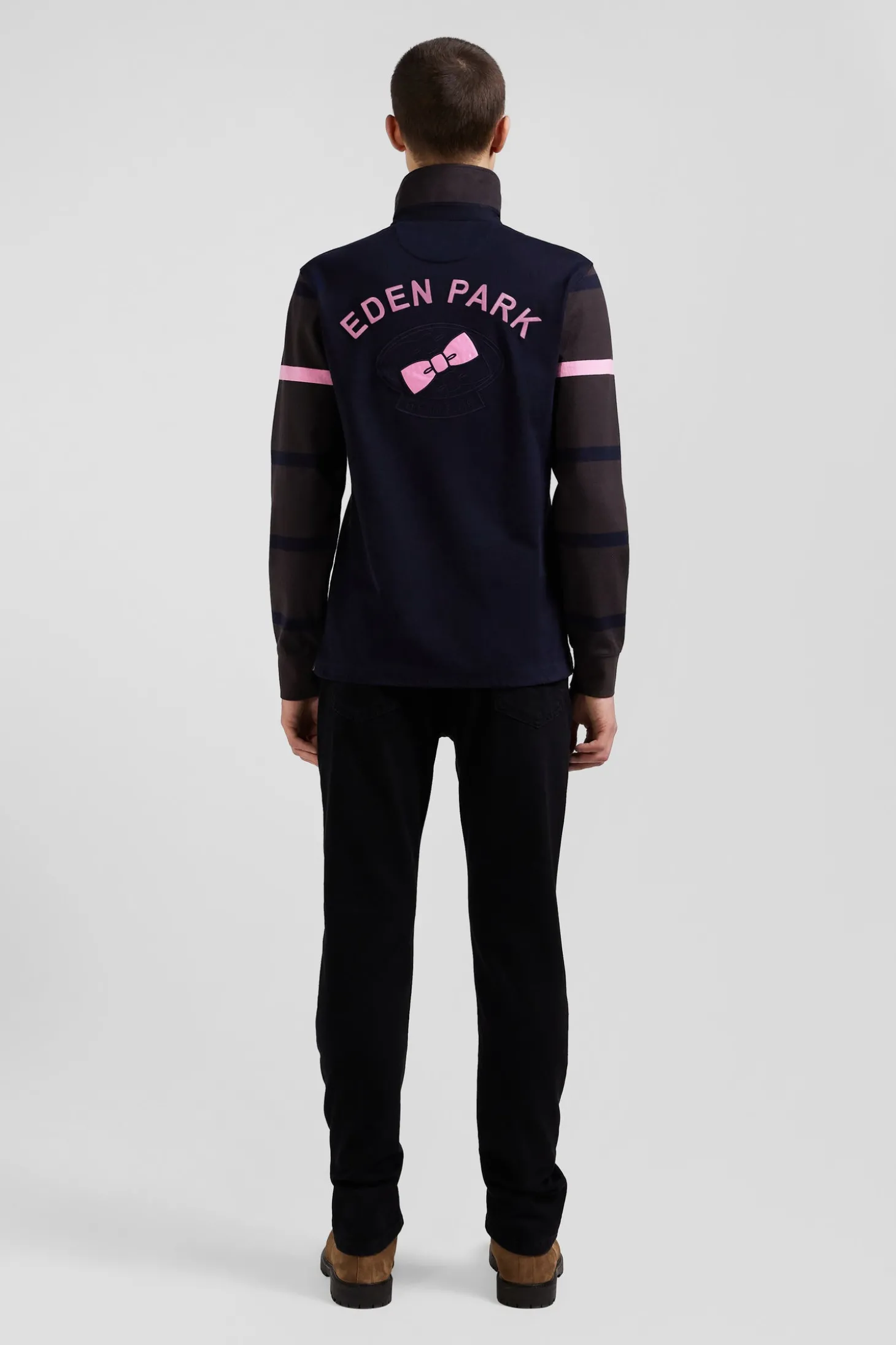 Regular brown striped long-sleeved cotton rugby shirt with back embroidery