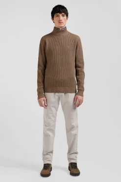 Regular brown wool and cotton high-neck jumper