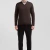 Regular brown wool and cotton V-neck jumper with striped details