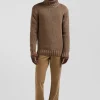 Regular brown wool and cotton blend turtleneck jumper