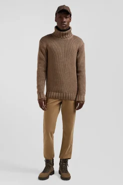 Regular brown wool and cotton blend turtleneck jumper
