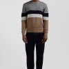 Regular brown wool and cotton crew neck jumper with knit patterns