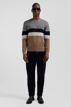 Regular brown wool and cotton crew neck jumper with knit patterns