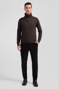 Regular brown wool and cotton turtleneck jumper