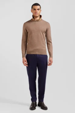 Regular brown wool and cotton crew neck jumper