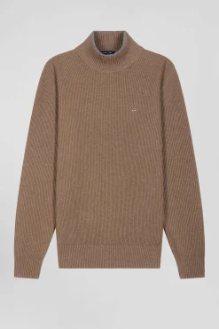Regular brown wool and cotton high-neck jumper